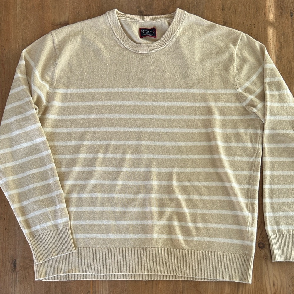 UNTUCKit Men's Tan and Cream Striped Crewneck Sweater, Size M